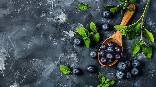 Photo of Blueberries with Leaves in a Wooden Spoon