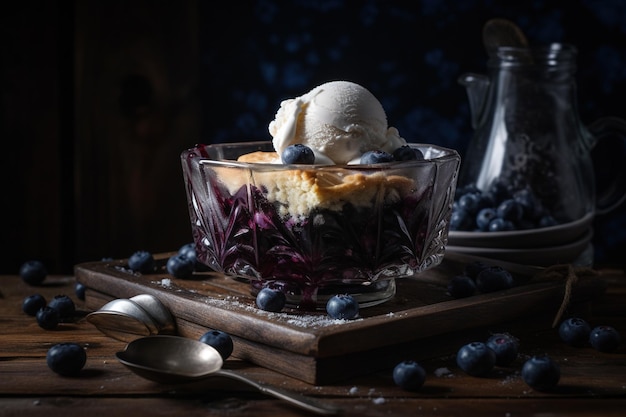 Photo of blueberry cobbler in glass cake on tray
