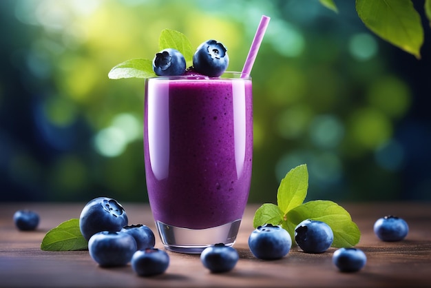 Photo blueberry frash smoothie drink with blueberry dark lghiting background