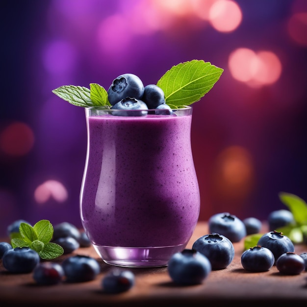 Photo blueberry frash smoothie drink with blueberry dark lghiting background