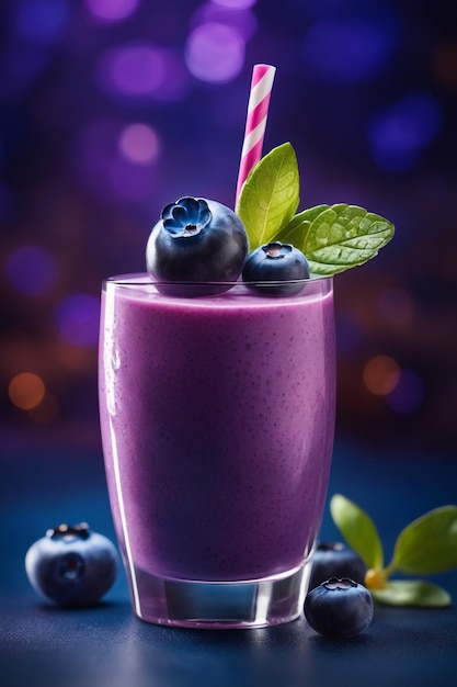 Photo blueberry frash smoothie drink with blueberry dark lghiting background