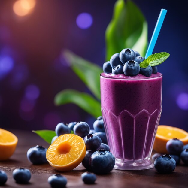 Photo blueberry frash smoothie drink with blueberry dark lghiting background