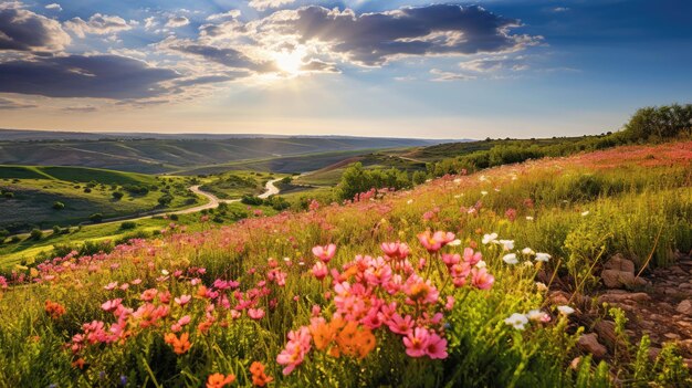 Photo a photo of a bluff landscape with a cluster of wildflowers bright midday lighting