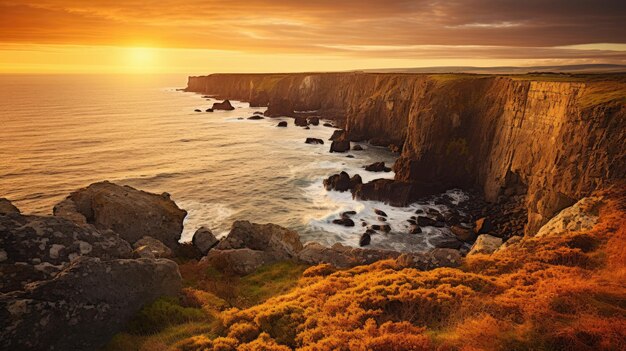 Photo a photo of a bluff landscape with rugged cliffs golden hour lighting