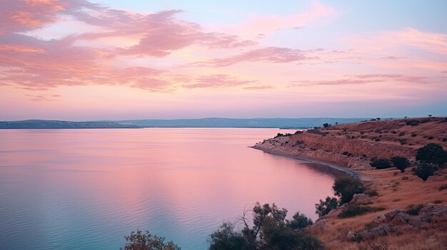 A photo of a bluff landscape with a serene lake below soft sunset lighting