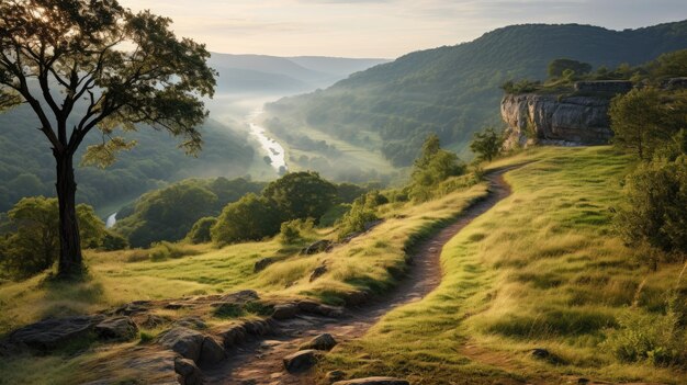 Photo a photo of a bluff landscape with a winding hiking trail soft morning lighting