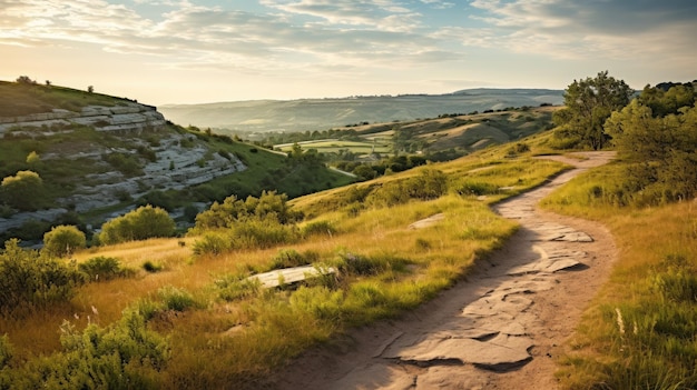 Photo a photo of a bluff landscape with a winding hiking trail soft morning lighting