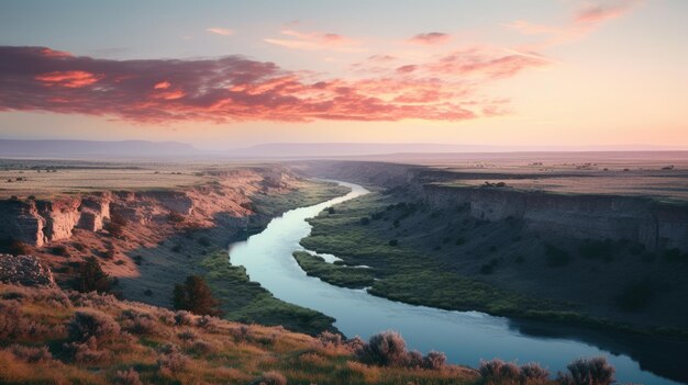 Photo a photo of a bluff landscape with a winding river below soft sunset lighting