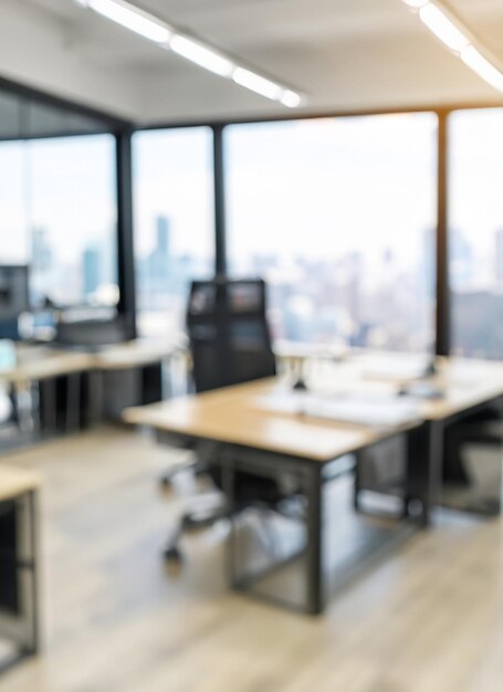 Foto fotografia sfocata sullo sfondo di un ufficio moderno vuoto nello spazio di lavoro dell'interno del centro della città