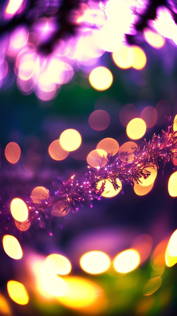 Photo of a blurred branch with bokeh lights in the background