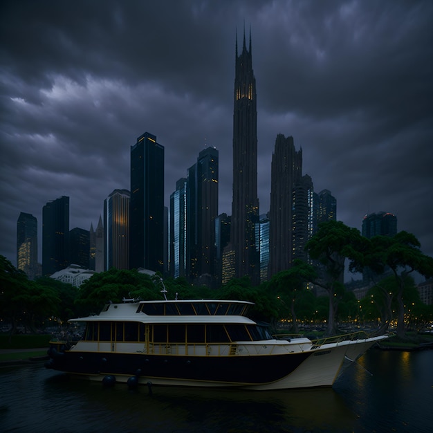 Photo of a boat sailing in front of a stunning city skyline