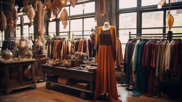 Photo a photo of a bohemian clothing store with eclectic displays warm natural light