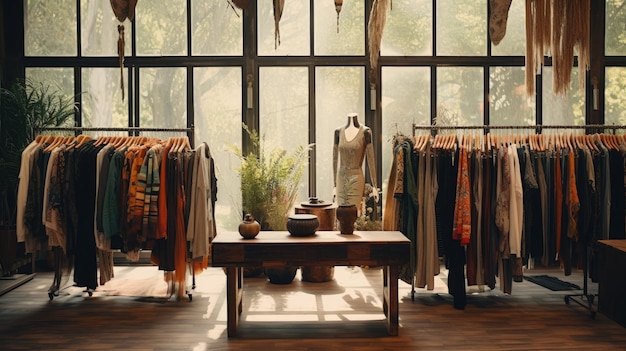 A photo of a bohemian clothing store with racks of vintage clothes