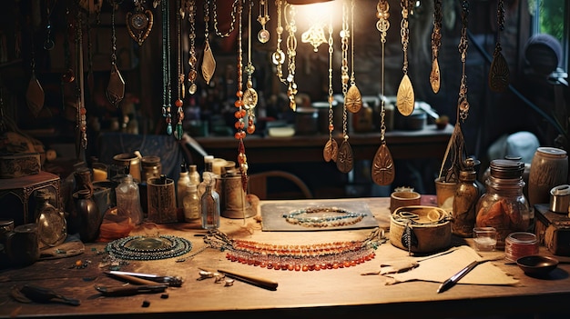 Photo a photo of a bohemian jewelry workshop intricate designs