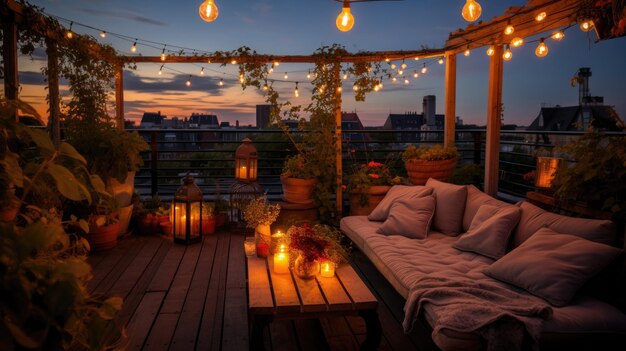 A photo of a bohemian rooftop terrace with hanging plants and string lights