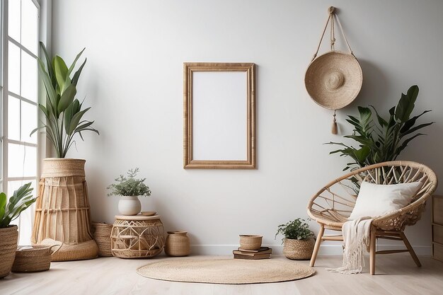 Photo boho style interior with blank picture frame