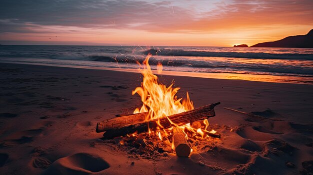 A photo of a bonfire on the beach flickering flames