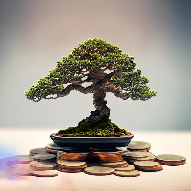 Photo bonsai tree sitting on top of a pile of coins generative