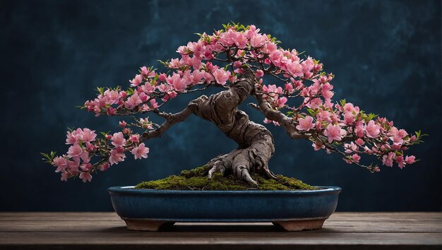 テーブルの上の青いポットにピンクの花をかせたボンサイの木の写真