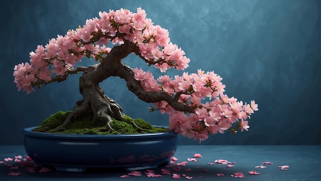 テーブルの上の青いポットにピンクの花をかせたボンサイの木の写真