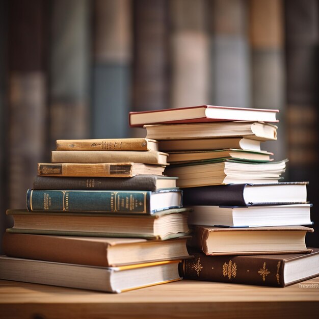 Photo book in librarybook stack on wood deskducation background back to school