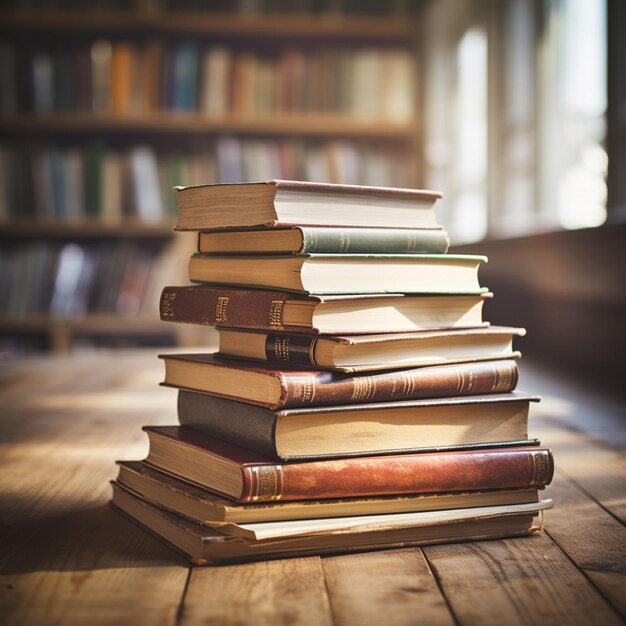 Photo book in librarybook stack on wood deskducation background back to school