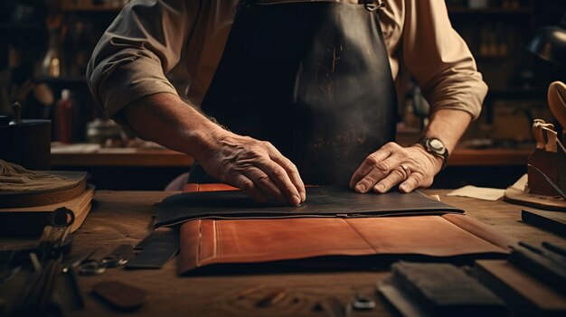 Photo a photo of a bookbinder crafting a leatherbound book