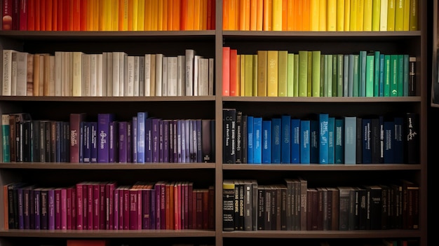 A Photo of a Bookshelf with Books Sorted by Genre and Color