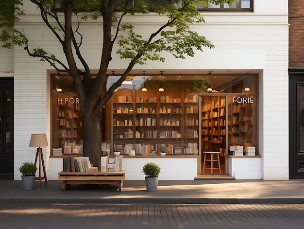 Photo photo of bookstore facade with bookshelf displays warm wood tones coz blank clean creative design