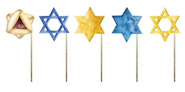 Photo Booth stars of David and Purim cookies on sticks Watercolor illustration in blue and yellow