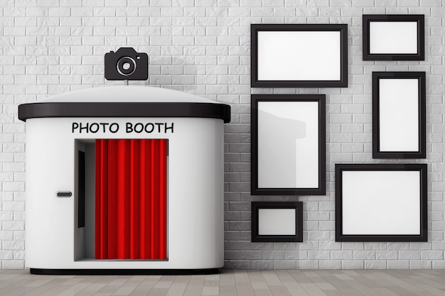 Photo Booth voor bakstenen muur met lege fotolijsten extreme close-up. 3D-rendering