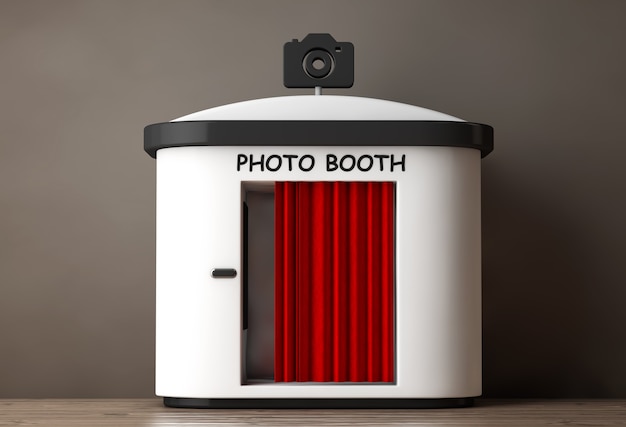 Photo Booth With Red Curtain On A Wooden Floor. 3d Rendering