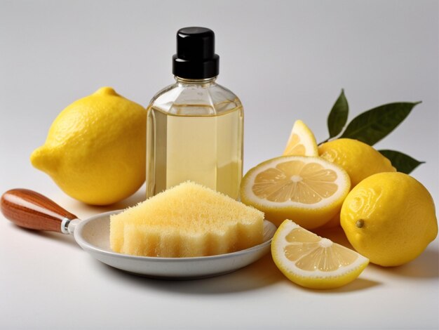 photo of a bottle lemon sponges and brush isolated on white background