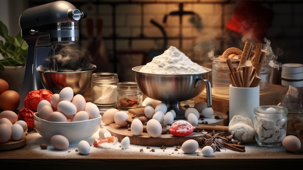 Photo of a bountiful feast with a variety of delicious food options on a table created with Generative AI technology