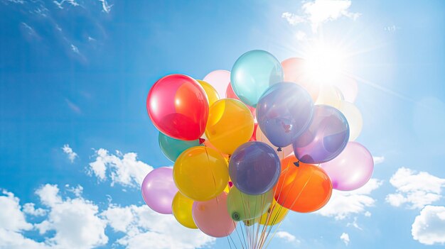 A photo of a bouquet of colorful balloons blue sky backdrop