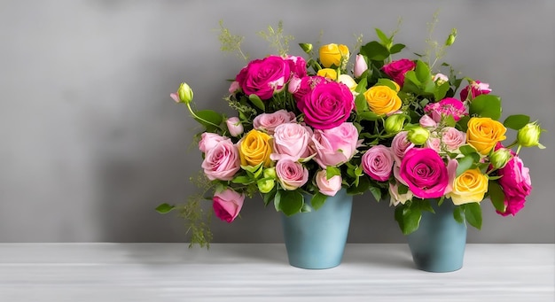 A photo of a bouquet of multicolor roses in two vases