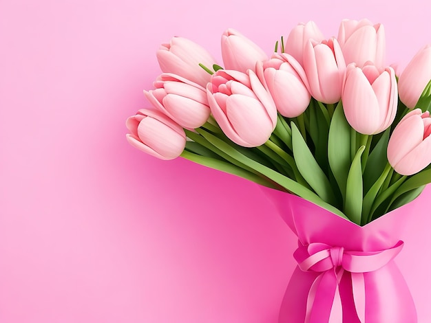 Photo a bouquet of pink tulips on a pink background for mother's day ai generator