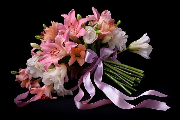 Photo of Bouquet of spring flowers with a ribbon spring flowers