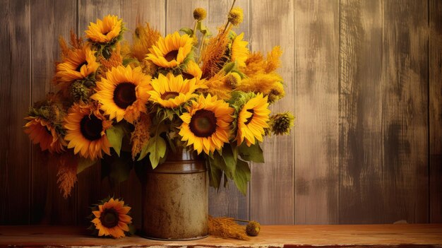 A photo of a bouquet of sunflowers rustic wooden backdrop