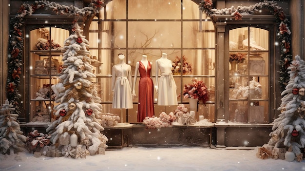 A photo of a boutique's seasonal holiday fashion display