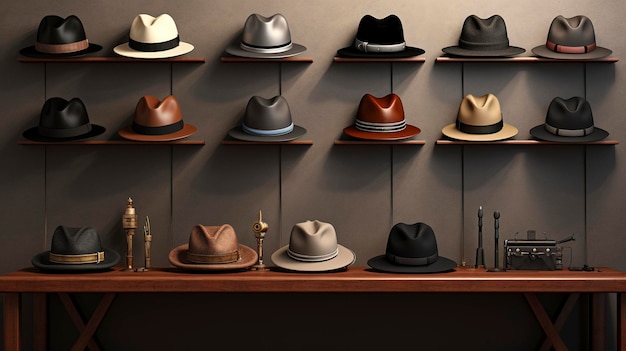 ブティックのスタイリッシュな帽子と帽子のコレクションの写真