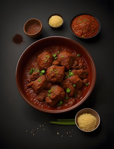 a photo of a bowl of beef rendang topped with spring onions