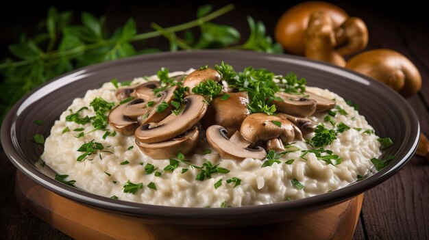 Photo a photo of a bowl of creamy mushroom risotto