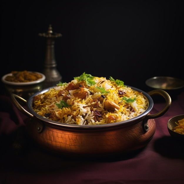 Foto foto di una ciotola di delizioso pollo biriyani pot