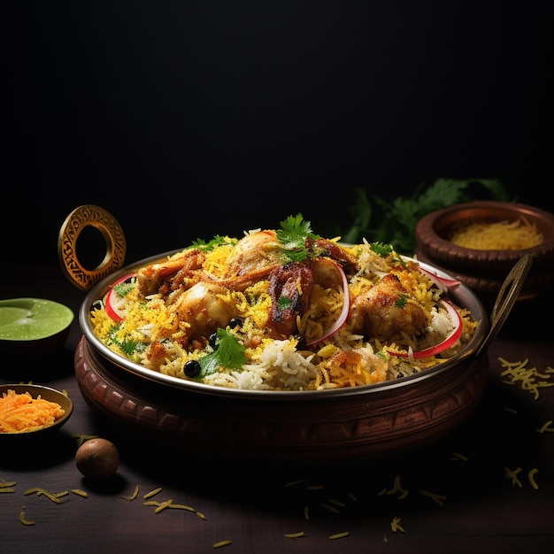 Photo photo of a bowl of delicious chicken biriyani pot