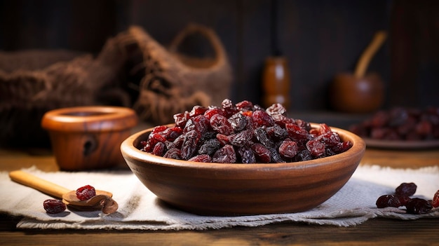 A photo of a bowl of dried cherries with a rustic background