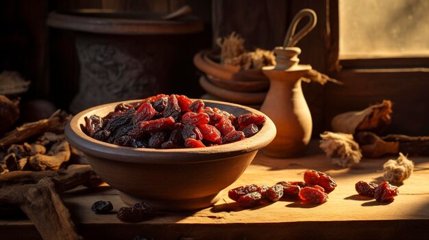 A photo of a bowl of dried cherries with a rustic background