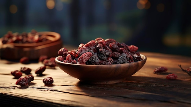 A photo of a bowl of dried cherries on a wooden table