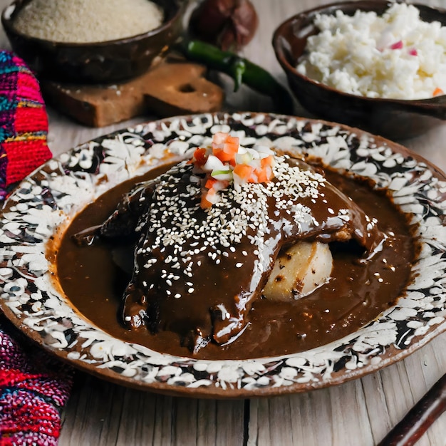 Photo a photo of a bowl of mole poblano with rice