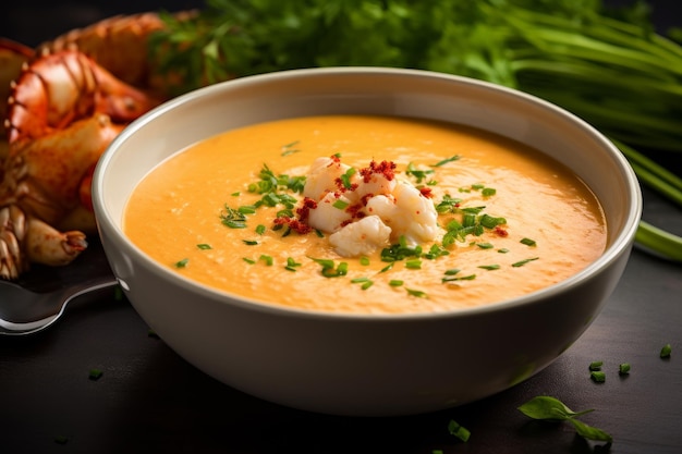 Photo of a bowl of rich and creamy lobster bisque soup Generative AI